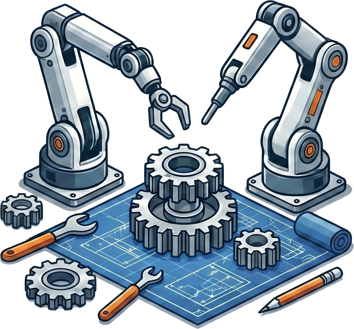 Two robotic arms assembling gears over a blueprint